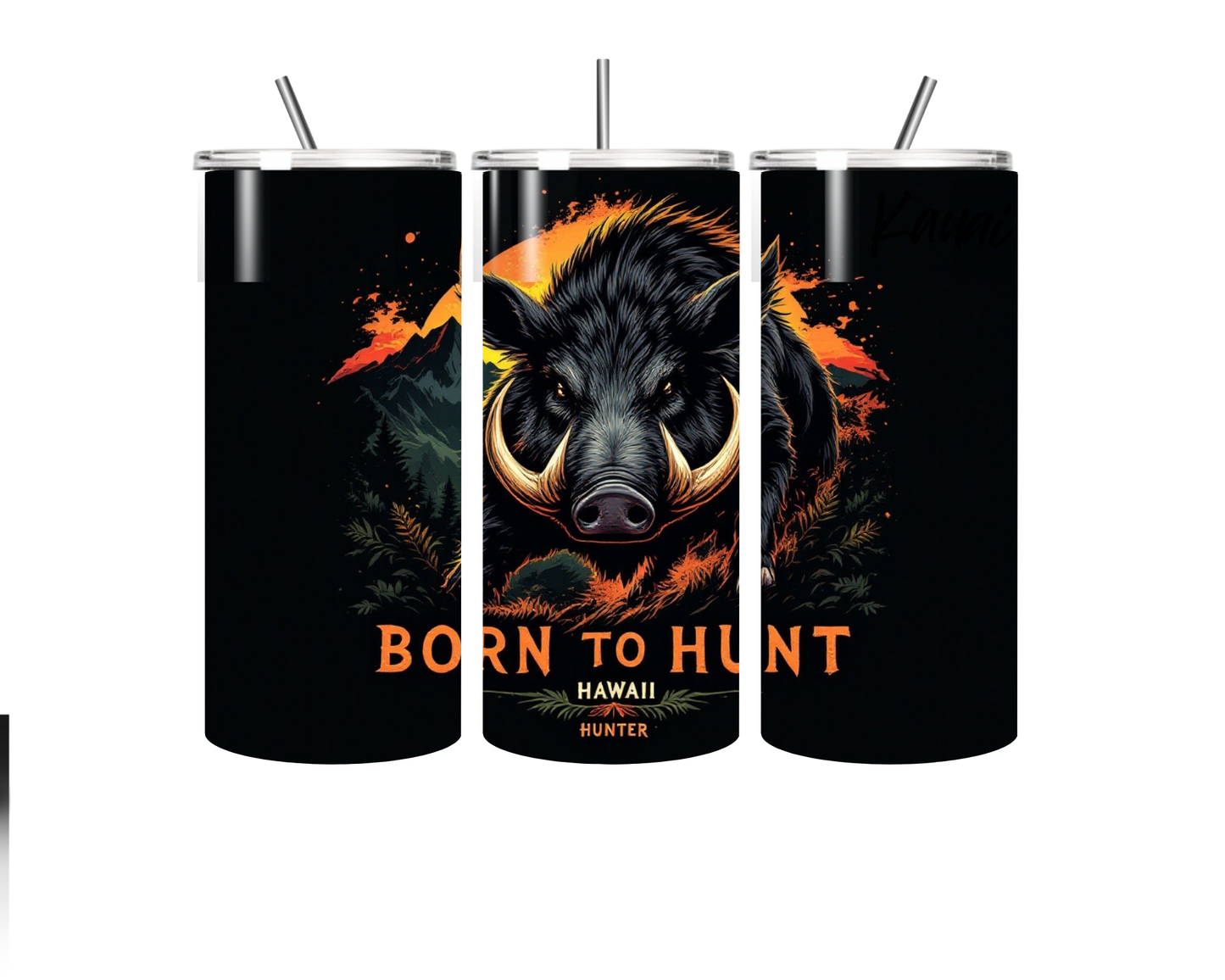 Close-up of fierce wild boar hunting design with fiery accents on steel tumbler