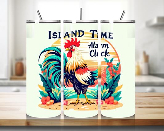 Island Time Alarm Clock Rooster Tumbler Front View