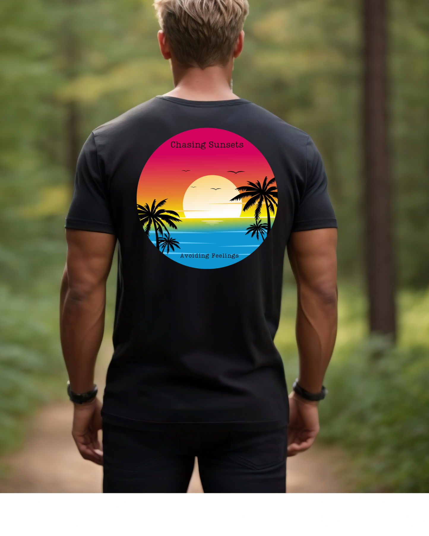 Men's Shirt - "Chasing Sunsets, Avoiding Feelings" Logo Tee