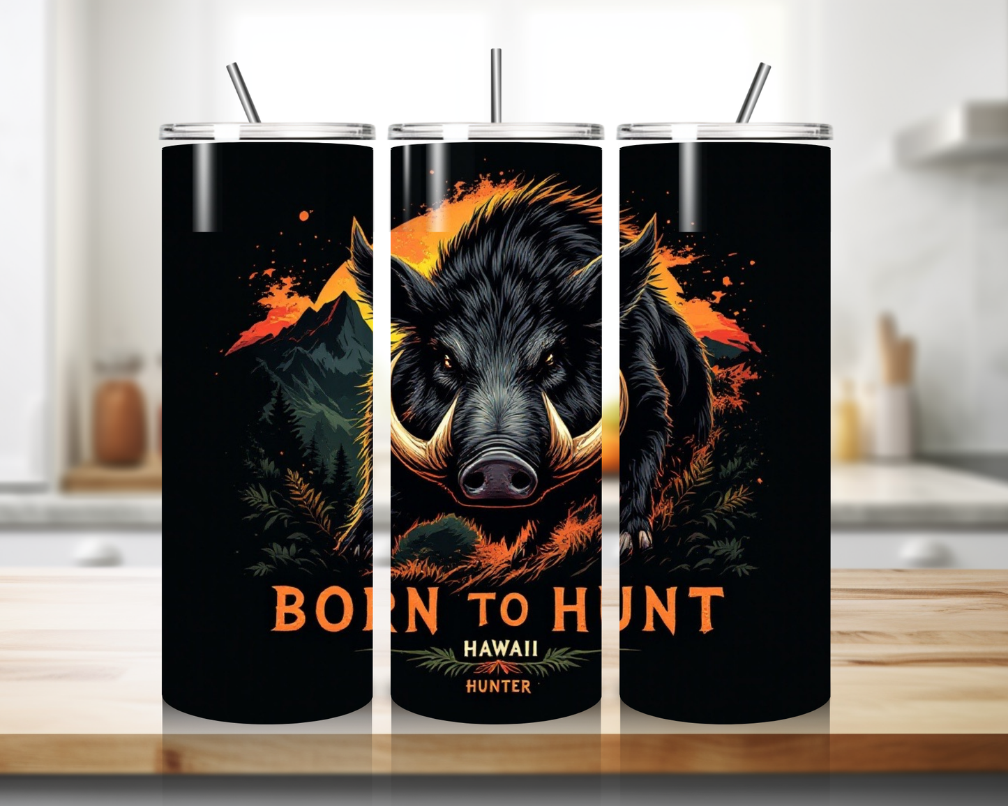 Double-wall insulated Born to Hunt tumbler showing secure lid and straw opening