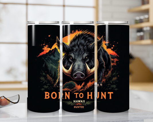 20oz stainless steel tumbler with Born to Hunt wild boar design against mountain backdrop