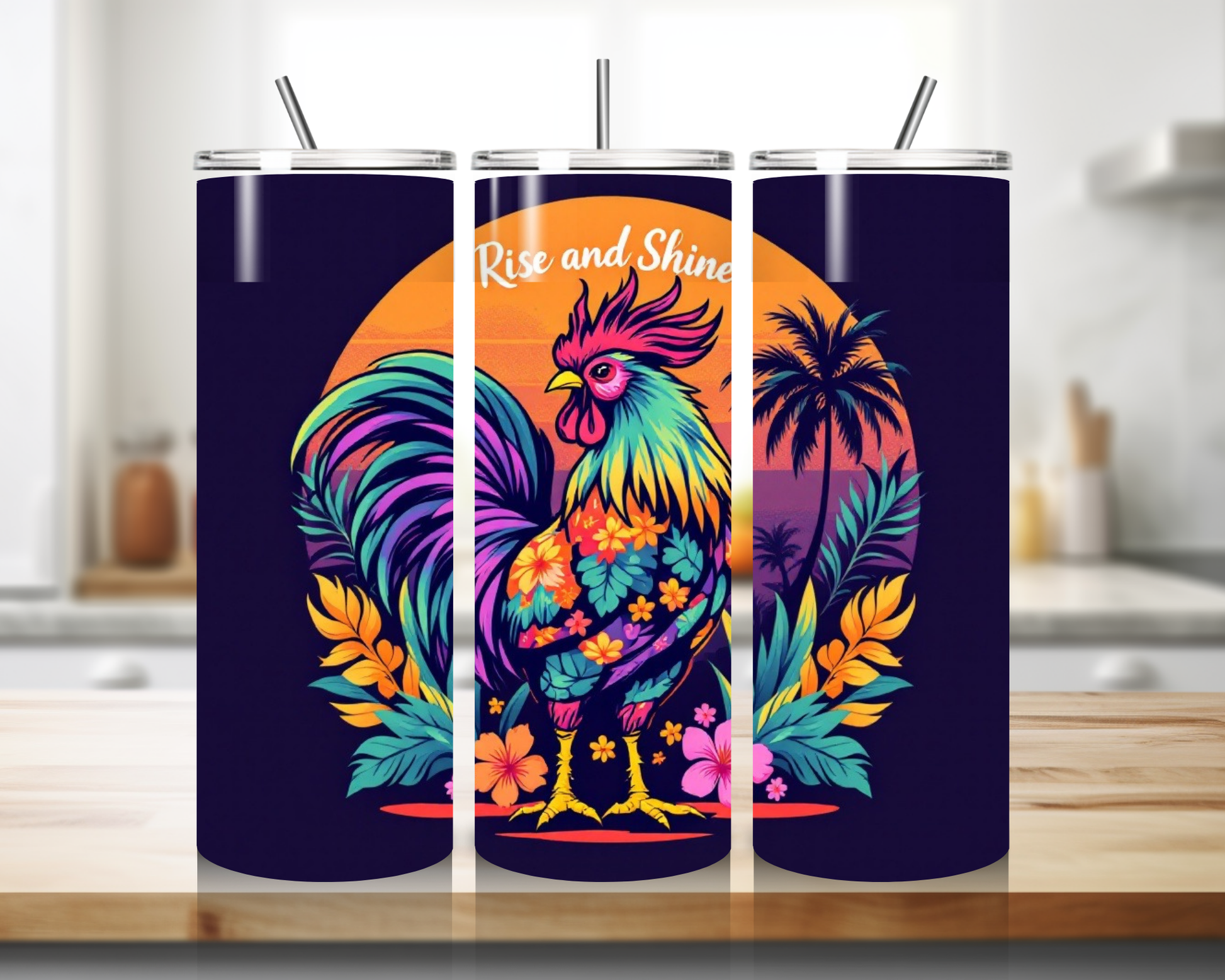 Double-wall insulated tumbler showing Rise and Shine rooster design with secure lid and straw
