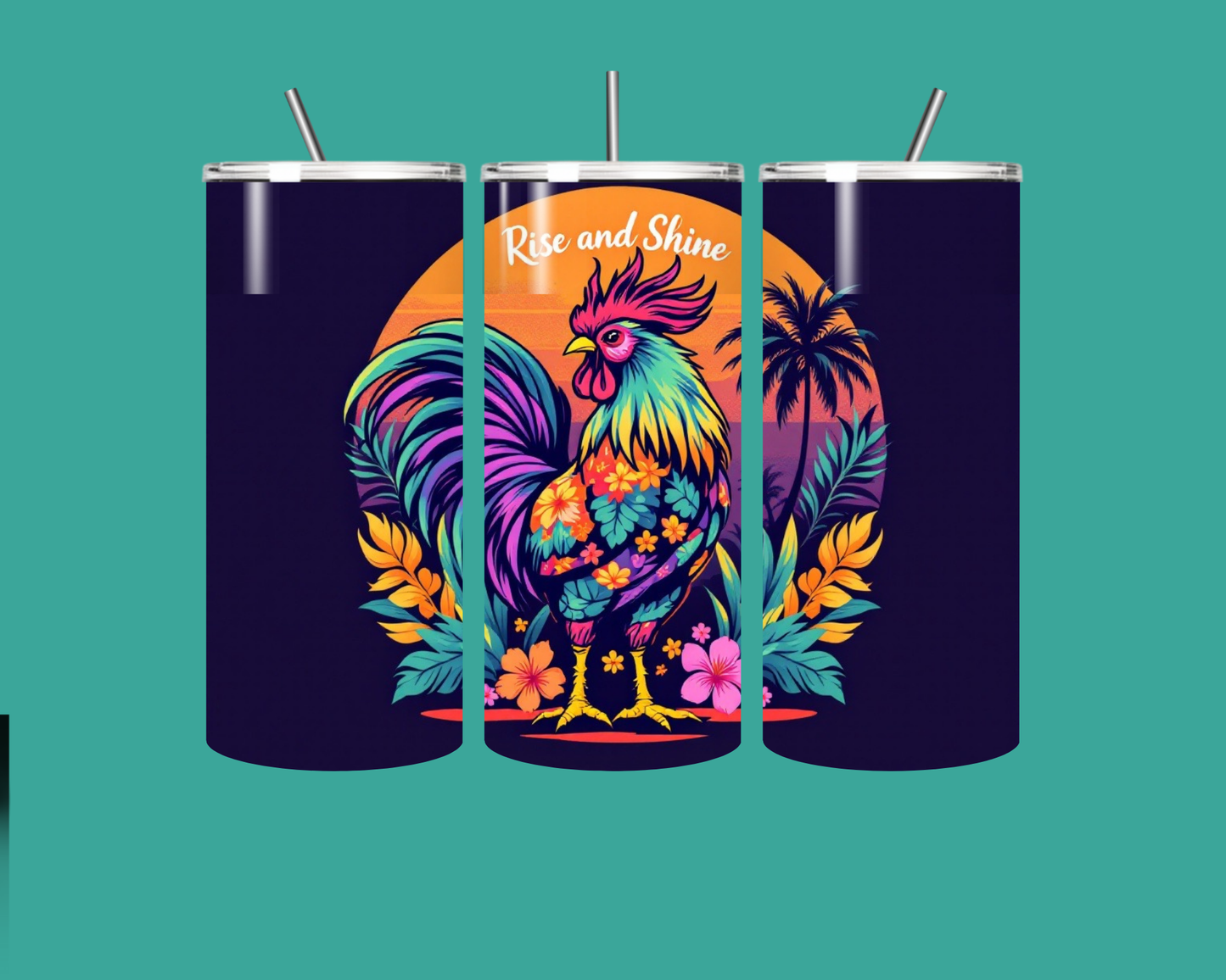 Stainless steel rooster tumbler holding hot coffee on beach sunrise setting