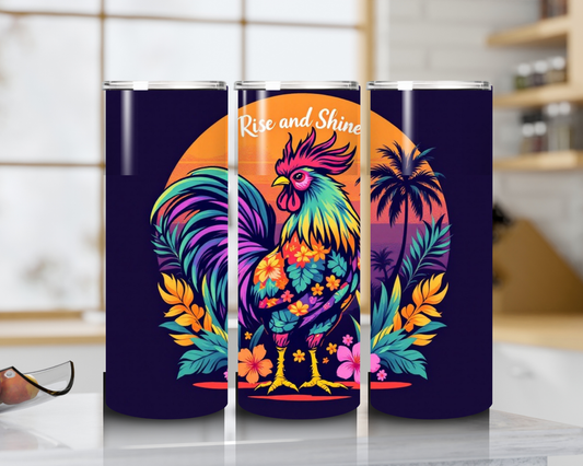 20oz stainless steel tumbler with colorful Rise and Shine rooster design against tropical sunset background